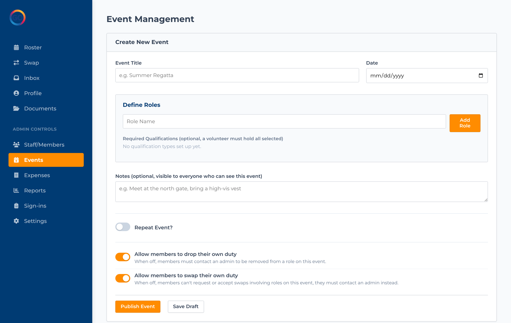 The DutyGO event management screen with the create-event form and event list