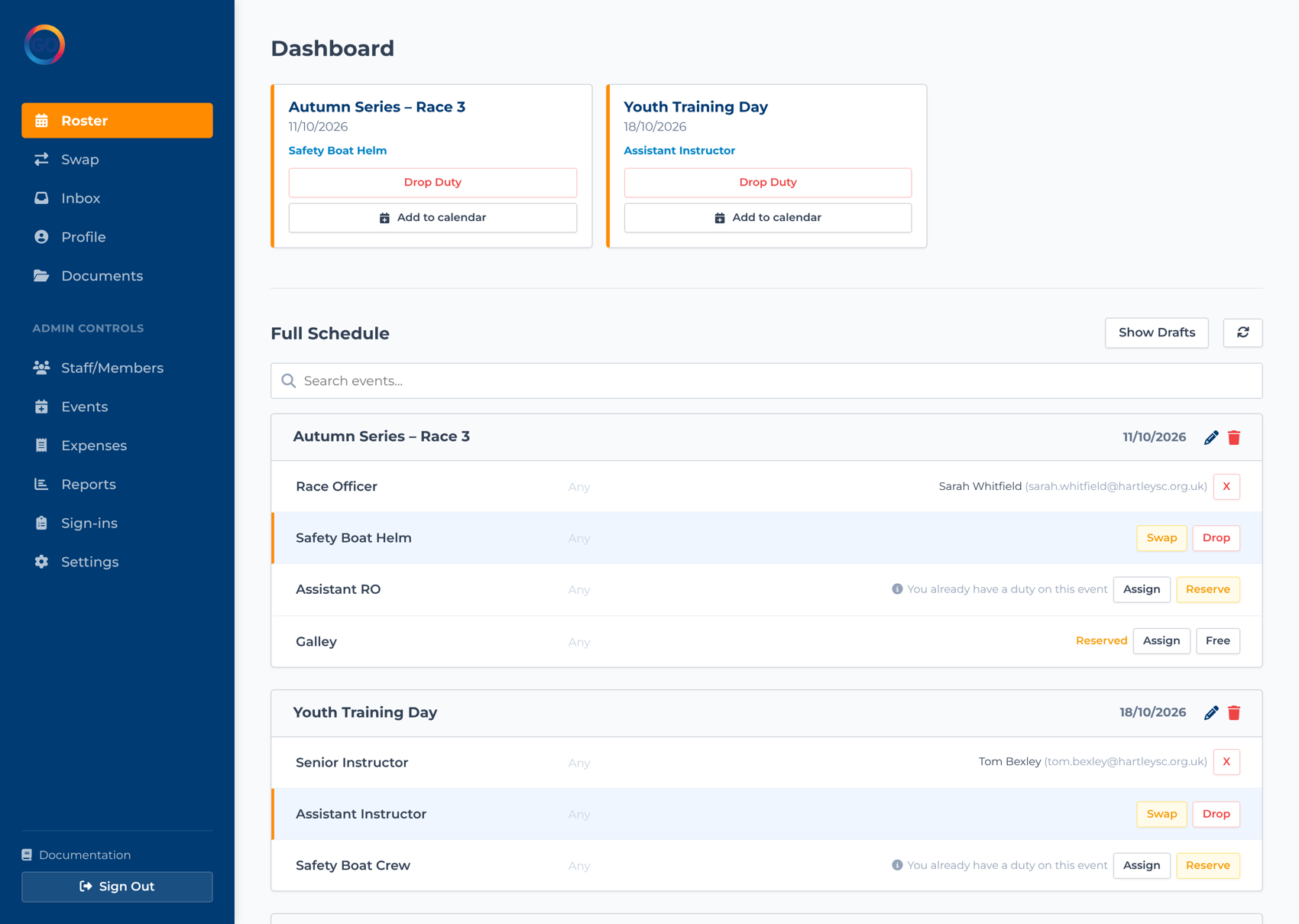 The DutyGO dashboard showing a club's event schedule with duties filled, reserved and open