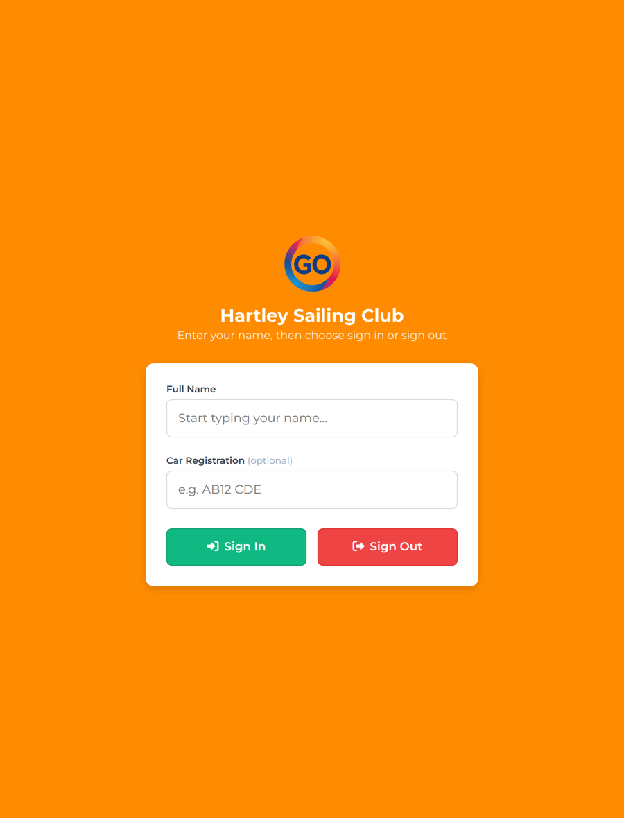 The DutyGO clubhouse sign-in kiosk for Hartley Sailing Club