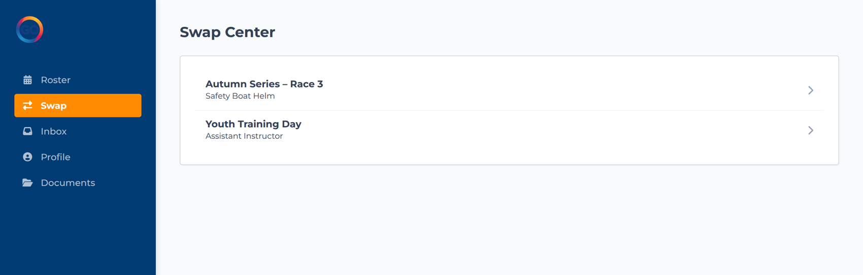 The DutyGO Swap Centre listing swappable duties for a member