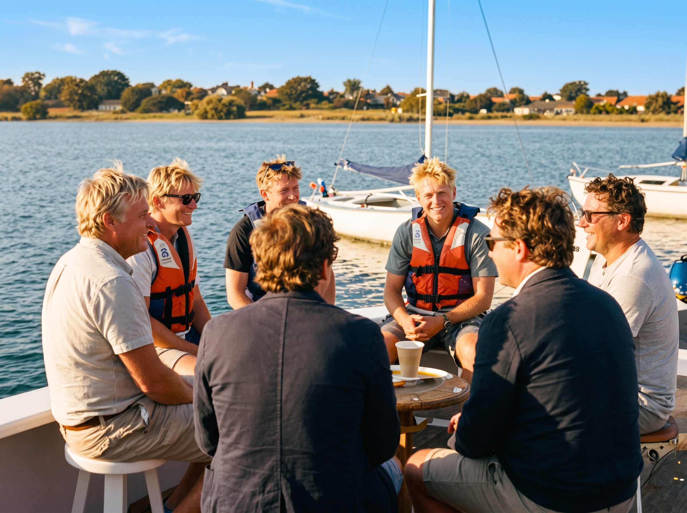 Sailing club members and volunteers chatting together on the clubhouse deck