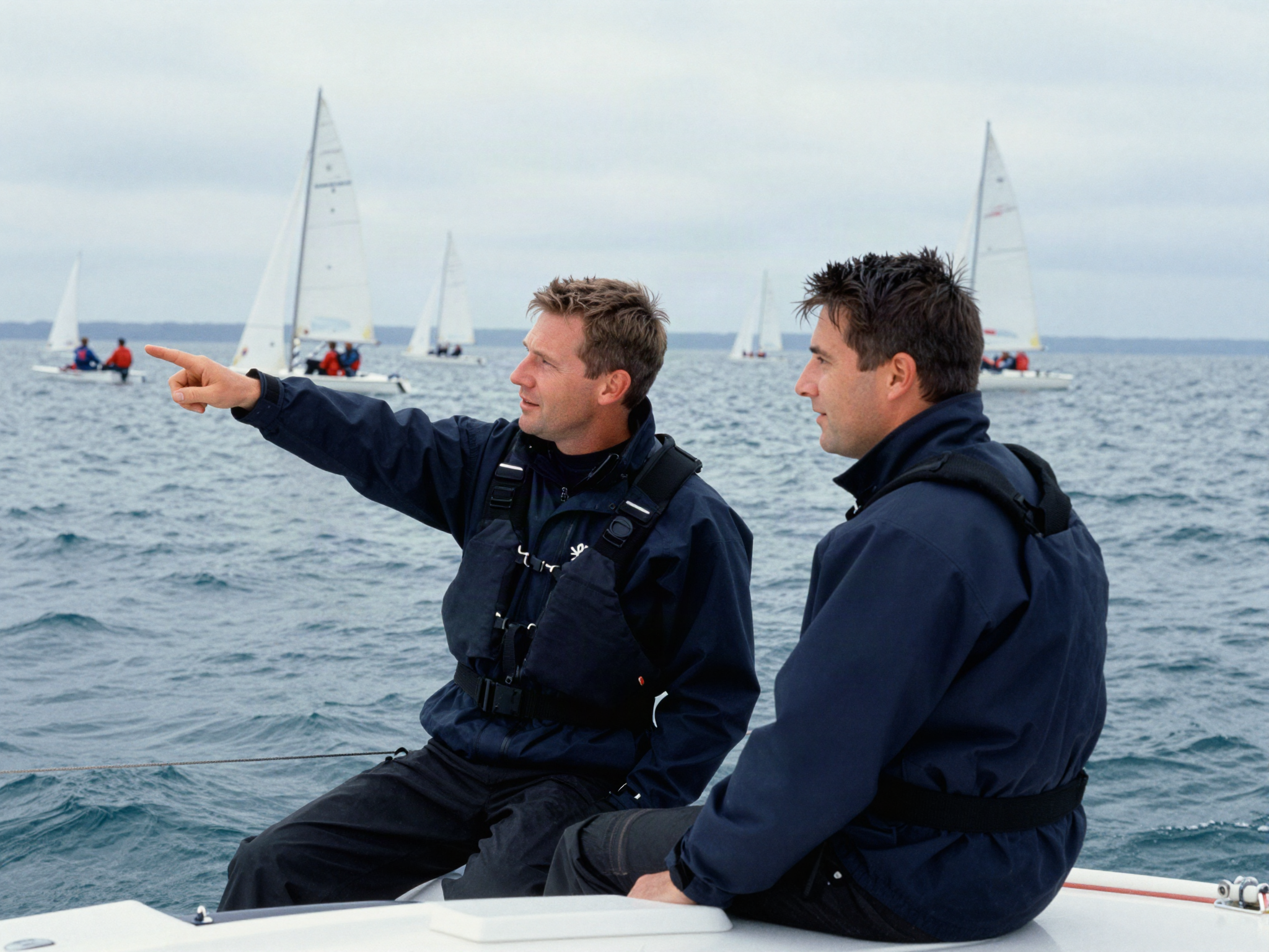 Two race officers on the club committee boat, one pointing across the water